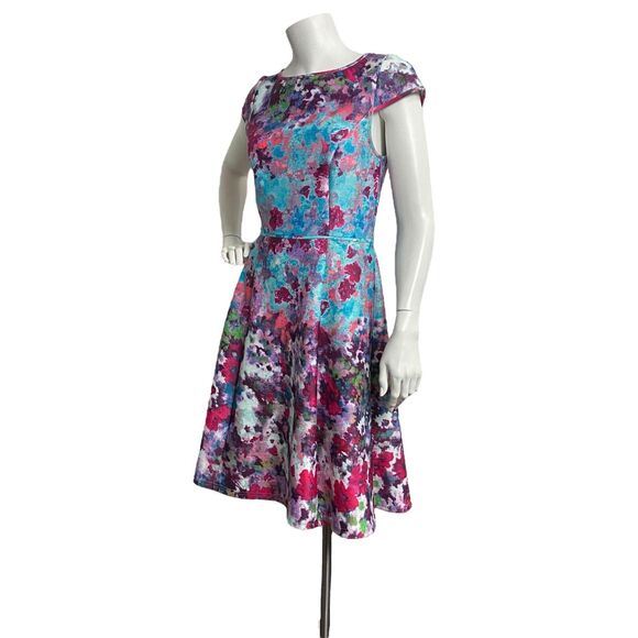 ADRIANNA PAPELL Multi Aqua Floral Scuba Womens Sz 4 Fit & Flare Cocktail Dress - Picture 4 of 10